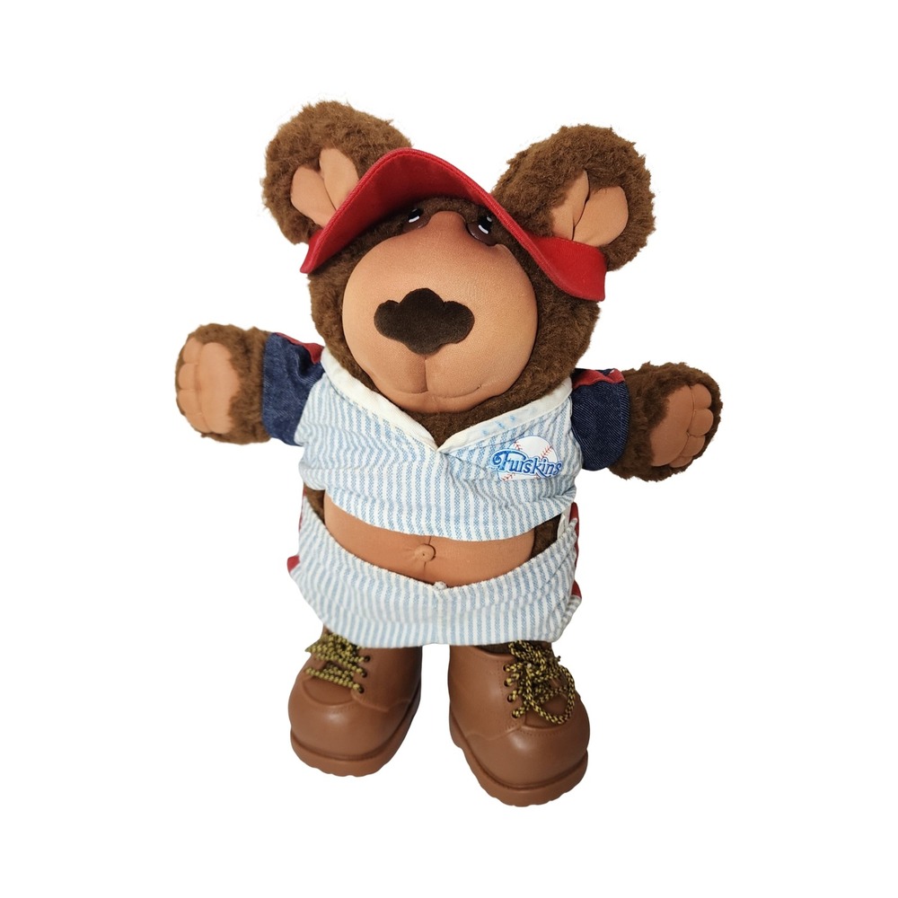 Vintage Furskins Baseball Bear Plush 15" Xavier‎ Roberts Brown Boots 1980s Toy